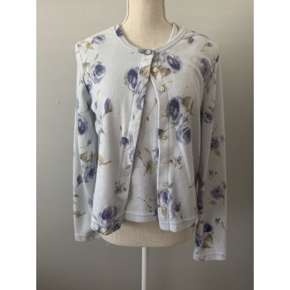 Vtg Knitworks Blue Floral Sleeveless Blouse & Cardigan Set Sz XL Cottagecore